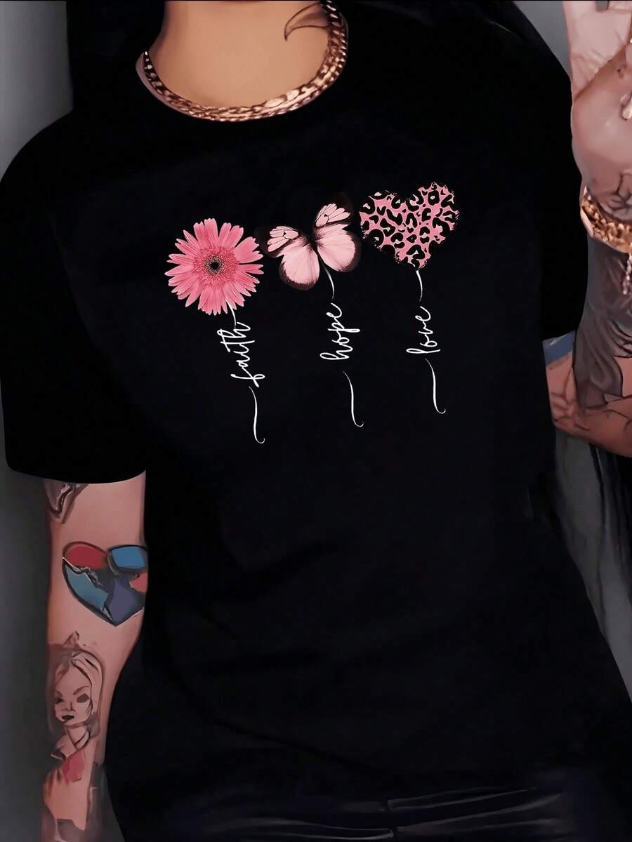 Pink Flower Symbolizing Faith, Butterfly Expressing Hope, And Heart With Animal Print Representing Love And Inner Strength. Women's Casual T-Shirt, Comfortable For Everyday Wear, Elegant And Modern. - 黑色 - 查看 1