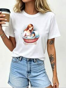 Camiseta Gráfica MexicanSoft Carriage para Mujer, Perfecta para Regalo del Día de la Madre o Fiesta Familiar, Ligera, Transpirable, Casual, Camiseta de Algodón, Moda Verano - Blanco - Ver 12