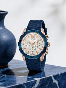 Guess Sports Style Men's Quartz Watch, Caliber Series 46mm Large Dial, Rose Gold Stainless Steel Case With Blue Silicone Strap, White Sunray Dial Three-Eye Chronograph Design, Date Display Scratch-Resistant Mineral Crystal, Versatile For Business Commute, Sports Fitness, Outdoor Travel, Casual Gatherings, High-End Gift For Boyfriend, Husband, Brother On Birthday, Anniversary, Father's Day, Holidays, W0864G5. - Beige - View 4