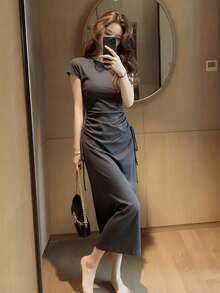 [Y6Y]Women's Elegant Solid Color Short Sleeve Knit Dress, Summer Fashion Waist Ruched Tie-Up Versatile Dress - Grey - View 4