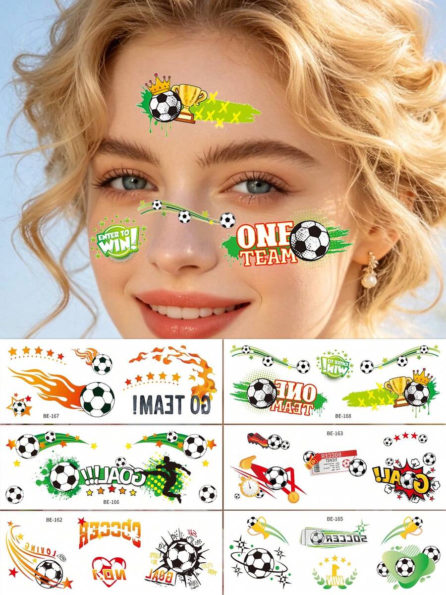 6pcs Football Fan Temporary Face Tattoos, Sports Football Event Temporary Face Tattoo Stickers, Festival Party, Football Pattern Body Stickers Suitable For Arms And Face, Waterproof Football Theme Stickers
