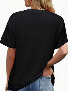 Camiseta de Mujer con Estampado de Letras y Cuello Redondo, 100% Algodón, Ropa de Verano para Mujer, Top Casual de Manga Corta para Primavera y Verano, Ropa de Mujer, Camiseta de Mujer - Negro 1 - Ver 3
