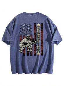 Baseball Dad USA Flag Catcher Washed Pink Graphic Tee,Men's & Women's Vintage Washed 230gsm Heavyweight T-Shirt, Soft Crew Neck Short Sleeve Tee With Retro Graphic & Letter Print, Casual Summer Breathable Layerable Top - 冰藍色 - 查看 1