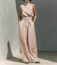 2026 New Foreign Trade European American Women Cotton Linen Sleeveless Top & Long Pants Casual Two Piece Set - 玫紅色 - 查看 9
