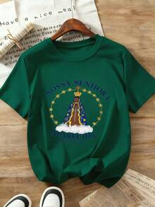 Camiseta de manga corta informal para mujer, ideal para vacaciones de verano, con la imagen de Nuestra Señora de Aparecida - 100% suave, de cuello redondo, estilo casual unisex y regalo católico, lavable a máquina, prenda icónica. - Negro - Ver 9