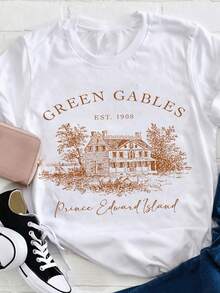 Camiseta de Verano Premium para Mujer con Diseño de Granja Verde, Talla Grande, Manga Corta - Estampado Divertido de Letras de Dibujos Animados, Cuello Redondo Casual - Lavable a Máquina, Ropa de Mujer Moderna y Versátil. - Blanco - Ver 1