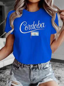 Camiseta cómoda de color sólido para mujer, con la fuente Cozy Comfy Lounge Cordova combinada con la bandera argentina, estilo pastel, un imprescindible para viajeros y fans argentinos, ropa de casa suave y relajada Cordova Travel. - Negro - Ver 6
