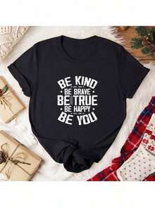 Camiseta "Be Kind Brave True" – Ropa de Verano Motivacional Unisex, Cuello Redondo, Camiseta para Mujer 100% Algodón, Ropa Boho para Mujer, Camiseta de Mujer - Negro - Ver 2