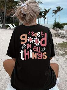 Vestido de Camiseta Relajado para Mujer con Cuello Redondo y Estampado Floral "See Good in All Things" - Ligero, Manga Corta 180gsm Ideal para Primavera y Verano - Negro - Ver 2