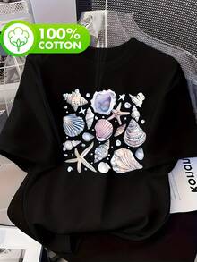 Camiseta 100% estampada con diseño de conchas y estrellas de mar, de manga corta y cuello redondo, estilo casual, adecuada para verano y primavera, ropa de mujer. 180g 100% algodón. - Blanco - Ver 8