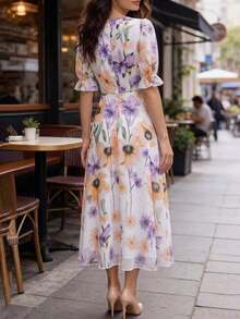 Vestido holgado con estampado francés, puños elásticos y cintura drapeada fluida para mujeres. Vestido floral vintage elegante para mujer, vestido de flores de primavera, vestido de verano para mujer. - Multicolor - Ver 2