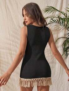 1 pieza Body sin mangas de mujer con textura de malla y flecos largos, estilo elegante - Negro - Ver 2