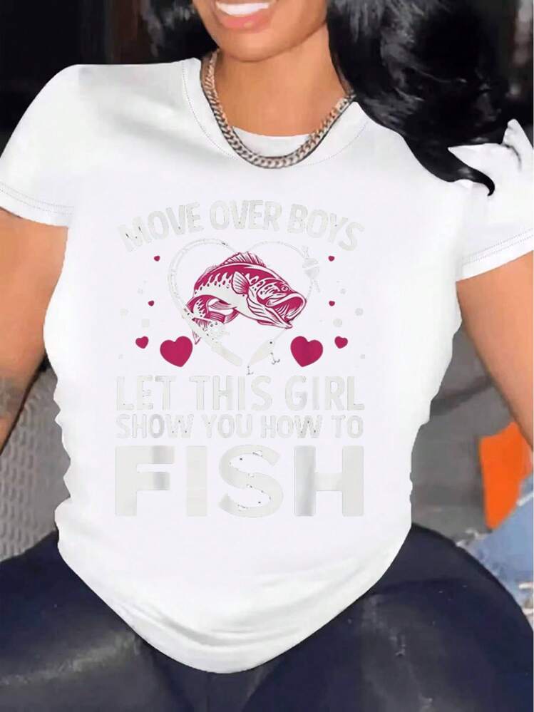 Camiseta de pesca vintage de manga corta para mujer - con el eslogan "Céñete, déjame enseñarte a pescar", diseño exterior en rosa y blanco, cuello redondo, manga corta, adecuada para viajes de pesca, uso diario y como regalo. - Blanco - Añade 1