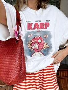 1PSC2026 Women's Vintage T-Shirt With Japanese Koi Fish Print "KARP", Comfortable Anime Style, Short Sleeve, Unique Round Neck, Casual Urban Style, Pinterest Fashion, Summer T-Shirts, Classic Cotton T-Shirt With Fashion Print, Lightweight And Breathable. - 白色 - 查看 6