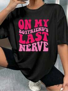 1 Piece T-Shirt With "My Boyfriend's Patience At Its Limit" Print For Valentine's Day, Casual, For Women, Fashion Cotton T-Shirts, 180g 100% Cotton. - 黑色 - 查看 2