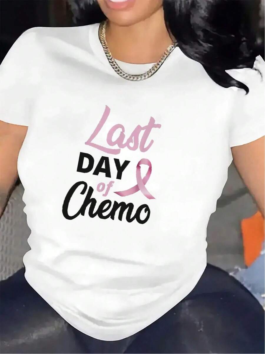 Short-Sleeved T-Shirt For The Last Day Of Chemotherapy | Lightweight And Durable Fabric, With Pink Ribbon Design, Comfortable Fit For Women, Round Neck, Very Suitable For Use At Home Or In The Hospital. - 白色 - 查看 1