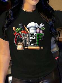 Women's Blouses - 1 Piece Women's Chef Graphic T-Shirt - Loose Fit Kitchen Apparel With Bold 'CHEF' Print And Cooking Utensils (Knife, Spoon, Broccoli), Breathable Fabric For Culinary Professionals, Chefs, And Cooking Enthusiasts - Machine Washable White T-Shirt, Casual Wear, Relaxed Fit Shirt, Soft Fabric, 210g 100% Cotton, Designs Are Printed. Unisex. - 黑色 - 查看 11