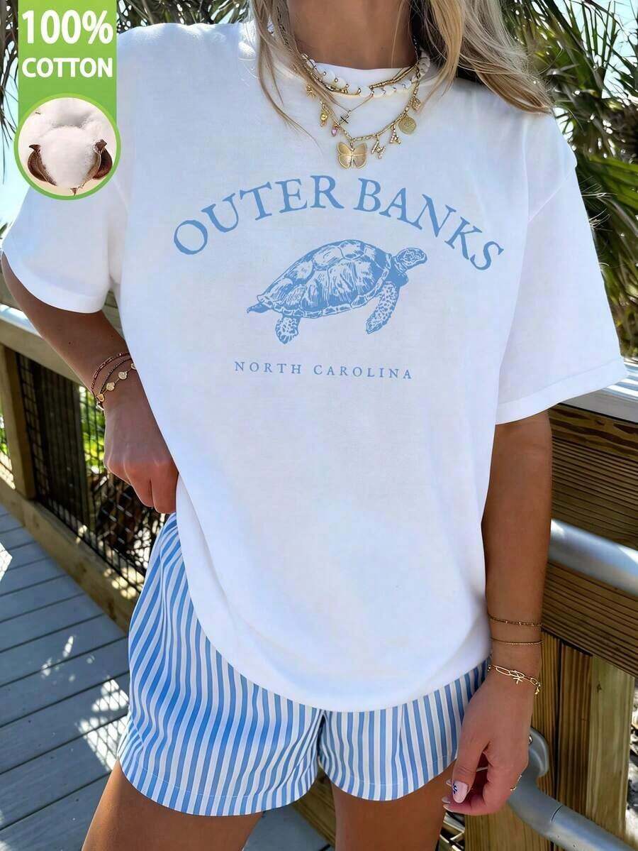 Women's Retro Ocean Animal Turtle Er Bank Print Short-Sleeve T-Shirt, Suitable For All Seasons, Made Of 100% High-Quality Pure Cotton Comfortable Fabric, Casual And Versatile Women's Everyday Top, Machine Washable And Durable, Round Neck Door T-Shirt, Suitable For Beach Vacation Wear. Y2Y-Summer Tops - 白色 - 查看 1