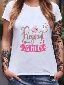 100% Cotton T-Shirt With Funny "Pregnant As Flock" Print, Casual Short Sleeve T-Shirt For Women, Maternity Streetwear, Soft Breathable Top For Everyday Wear And Pregnancy Announcements, Plus Size Available - 白色 - 查看 7