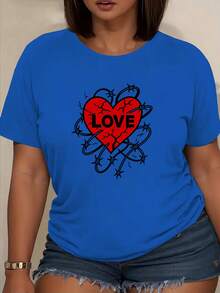 Camiseta de manga corta para mujer con estampado "Chain Heart LOVE", hecha de fibra de poliéster suave y transpirable, elasticidad media, lavable a máquina, camiseta casual de manga corta con cuello redondo y estampado, una prenda imprescindible para primavera y verano, top de manga corta, ropa de mujer. - Azul - Ver 1