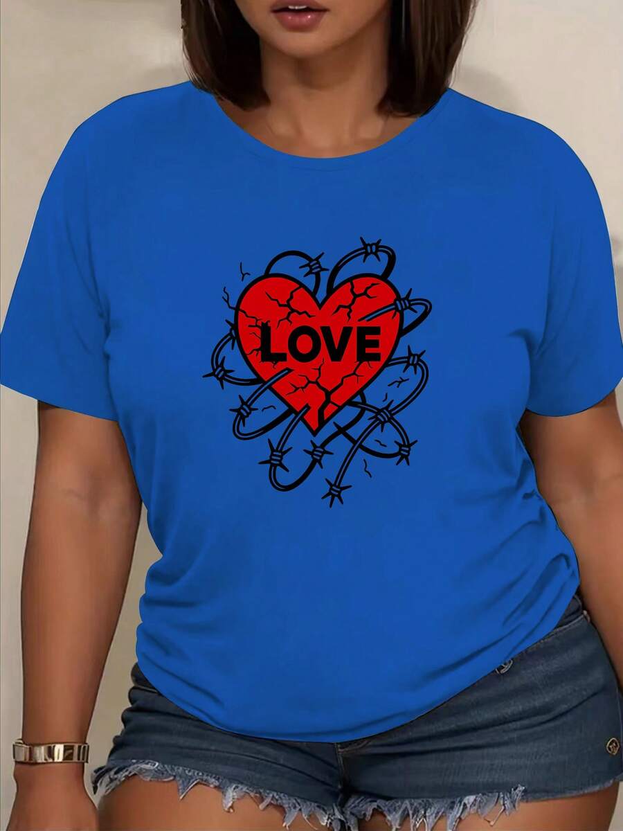 Camiseta de manga corta para mujer con estampado "Chain Heart LOVE", hecha de fibra de poliéster suave y transpirable, elasticidad media, lavable a máquina, camiseta casual de manga corta con cuello redondo y estampado, una prenda imprescindible para primavera y verano, top de manga corta, ropa de mujer. - Azul - Ver 1