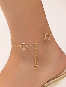 1pc Summer Fashionable Luxury Elegant Vintage High-End Exquisite Multi-Functional Resort Style Shiny Gold Hollow Clover Multi-Layer Women Anklet - Gold - View 1