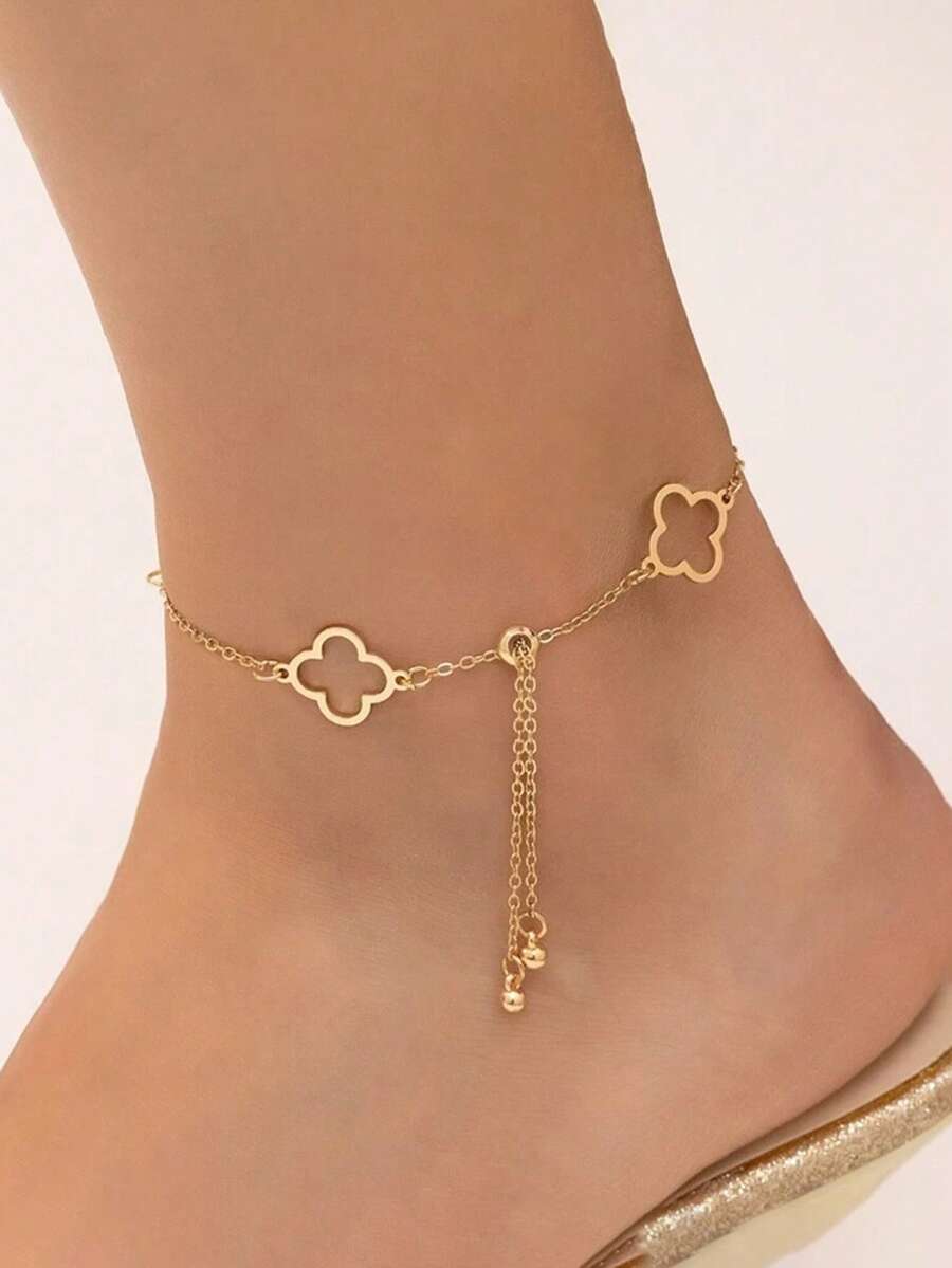 1pc Summer Fashionable Luxury Elegant Vintage High-End Exquisite Multi-Functional Resort Style Shiny Gold Hollow Clover Multi-Layer Women Anklet - Gold - View 1