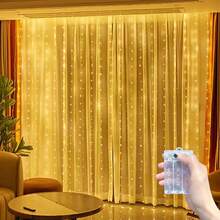 1 pieza Luces de cadena LED para cortina de ventana con 8 modos de iluminación, lámpara de atmósfera alimentada por batería para decoración de fondo de ventana en interiores, boda, fiesta de cumpleaños (Baterías no incluidas) - Lámpara de cortina con caja de pilas AA - Ver 17
