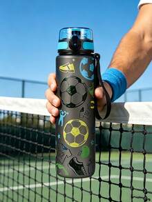 1pc 1000ml/32oz & 750ml/26oz Large Capacity 3D Printed Football Pattern Water Bottle, Straight Drinking Spout, Carry Strap For Convenient Portability, Suitable For Outdoor Sports, Running, Fitness, School, Office, Football, Cycling, Gym, Ideal For Holiday & Birthday Gifts - Multicolor - View 2