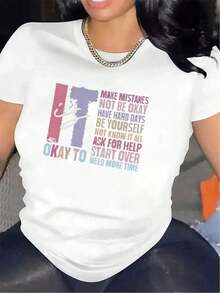 Women's T-Shirt With Inspirational Quote - "Make Mistakes, Don't Settle" Design, Short-Sleeve Polyester T-Shirt In Black And White, Lightweight And Soft Fabric, Perfect For Home Office, Casual Daily Wear, Or Restaurant Settings. | Fun Design T-Shirt | Comfortable Fit - 白色 - 查看 7