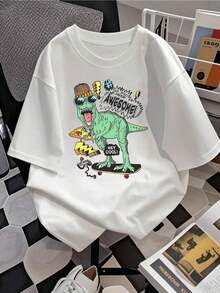 Women's Cool Dino Skateboard Pizza Cotton T-Shirt, Graphic Tee, Printed Tee, Ultra-Soft Pure Cotton Top, Casual Everyday Wear, Perfect Gift For Her And Dinosaur Lovers. Basic Women's Blouses - 白色 - 查看 2
