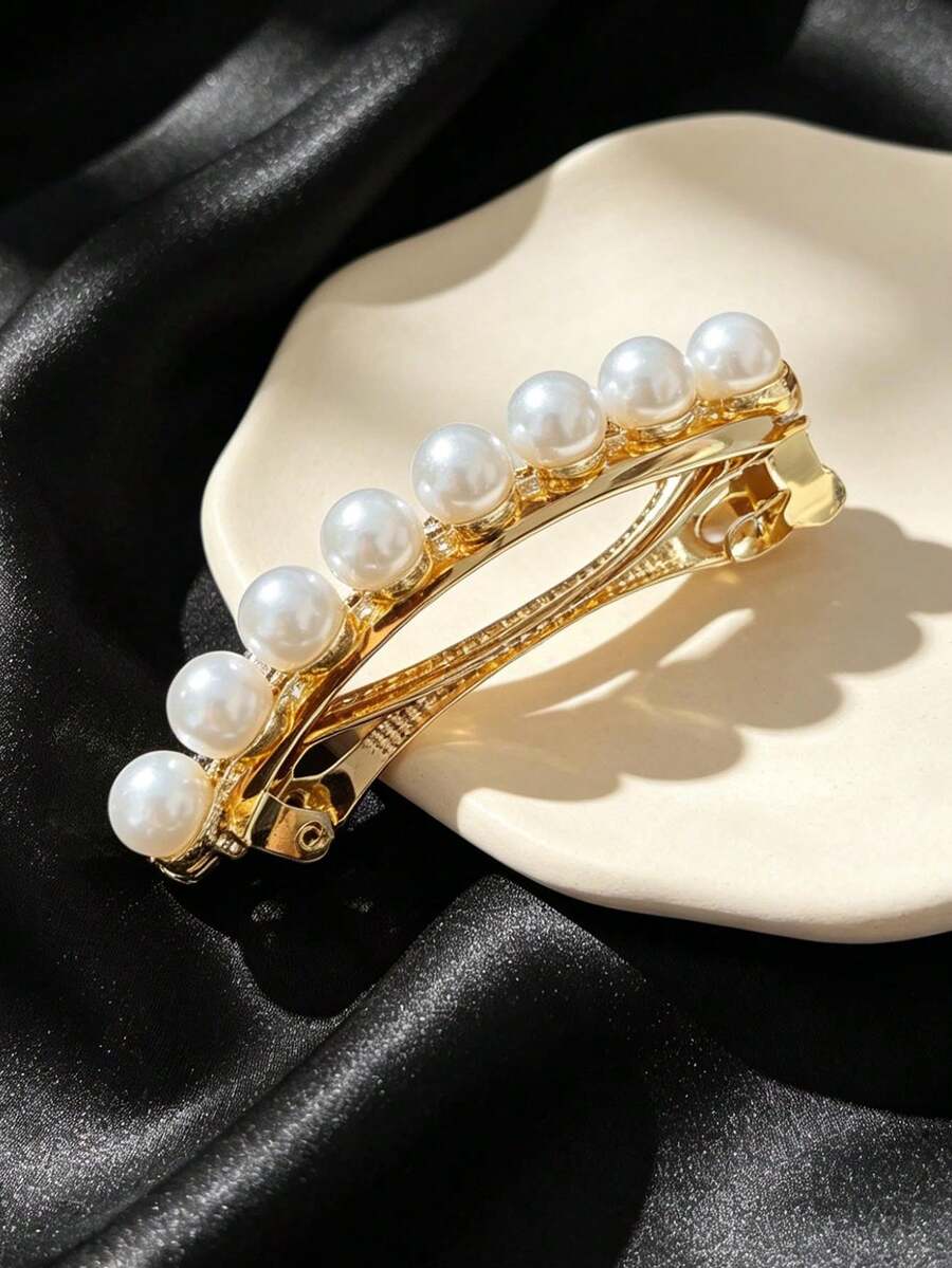 1件女款法式優雅仿珍珠髮夾,高端金屬彈簧夾,優雅後腦半紮髮飾,適用於日常、約會、工作,溫柔風格側夾髮梳抓夾 - 彩色 - 查看 1