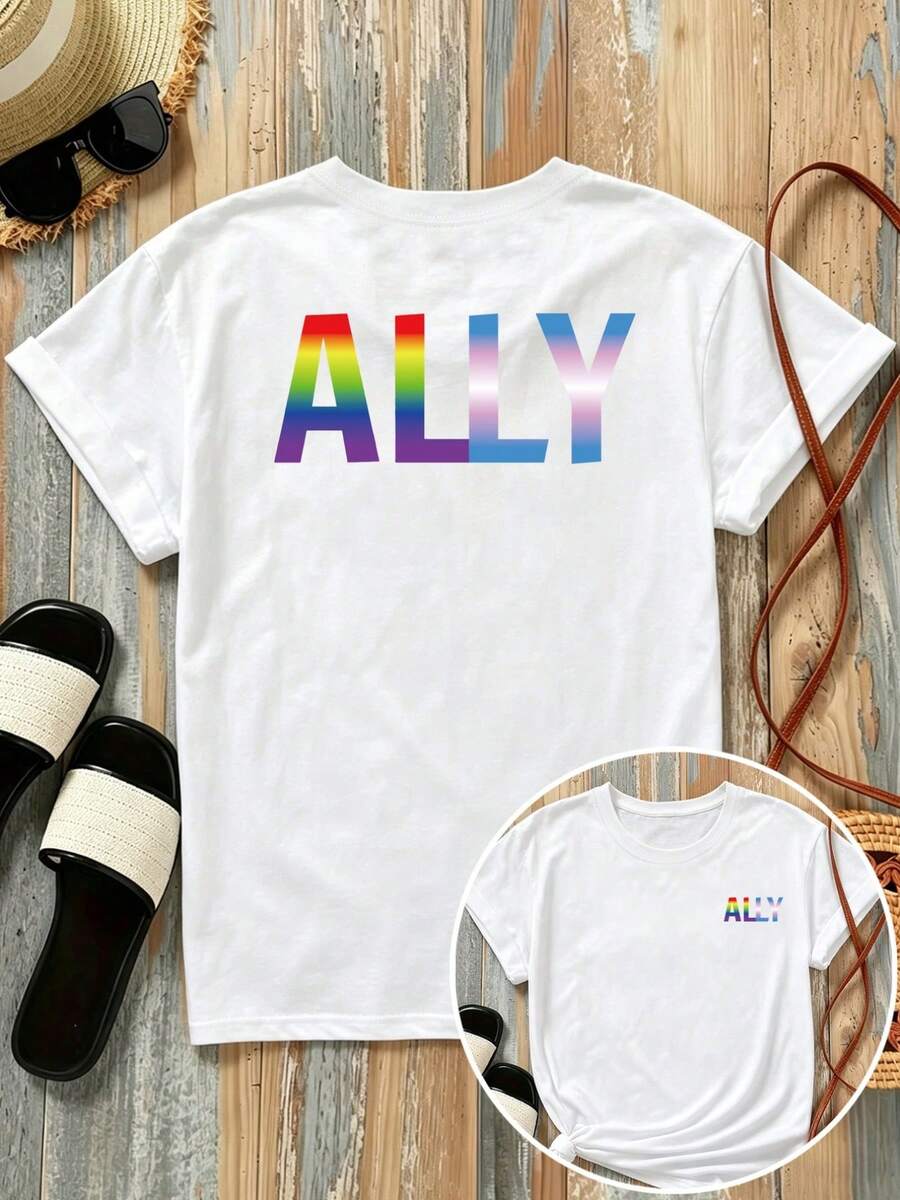 New Short-Sleeved T-Shirt, 180g Weight, % Cotton, With Prints On The Front And Back - ALY Letter Print, Gradient T-Shirt - Fashionable Printed T-Shirt For Women, Short-Sleeved, Suitable For All Seasons, Modern Clothing - Can Be Used As A Base Layer In Spring And Autumn Or Alone In Summer, Unisex. - 白色 - 查看 1
