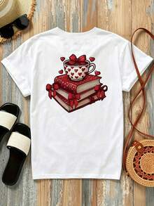New 180g Short-Sleeved T-Shirt, 1% Cotton, With Front And Back Print - Valentine's Day, Love Coffee - Fashionable Printed T-Shirt For Women, Short-Sleeved, Suitable For All Seasons,  Clothing - Can Be Worn As A Base Layer In Spring And Autumn Or Alone In Summer, Unisex. - 白色 - 查看 2