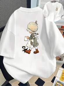 New 180g Short-Sleeved T-Shirt, 1% Cotton, With Prints On The Front And Back - Vintage Style Illustration, Girl And Cat - Fashionable Printed T-Shirt For Women, Short-Sleeved, Suitable For All Seasons, Modern Clothing - Can Be Used As A Base Layer In Spring And Autumn Or Alone In Summer, Unisex. - 白色 - 查看 7
