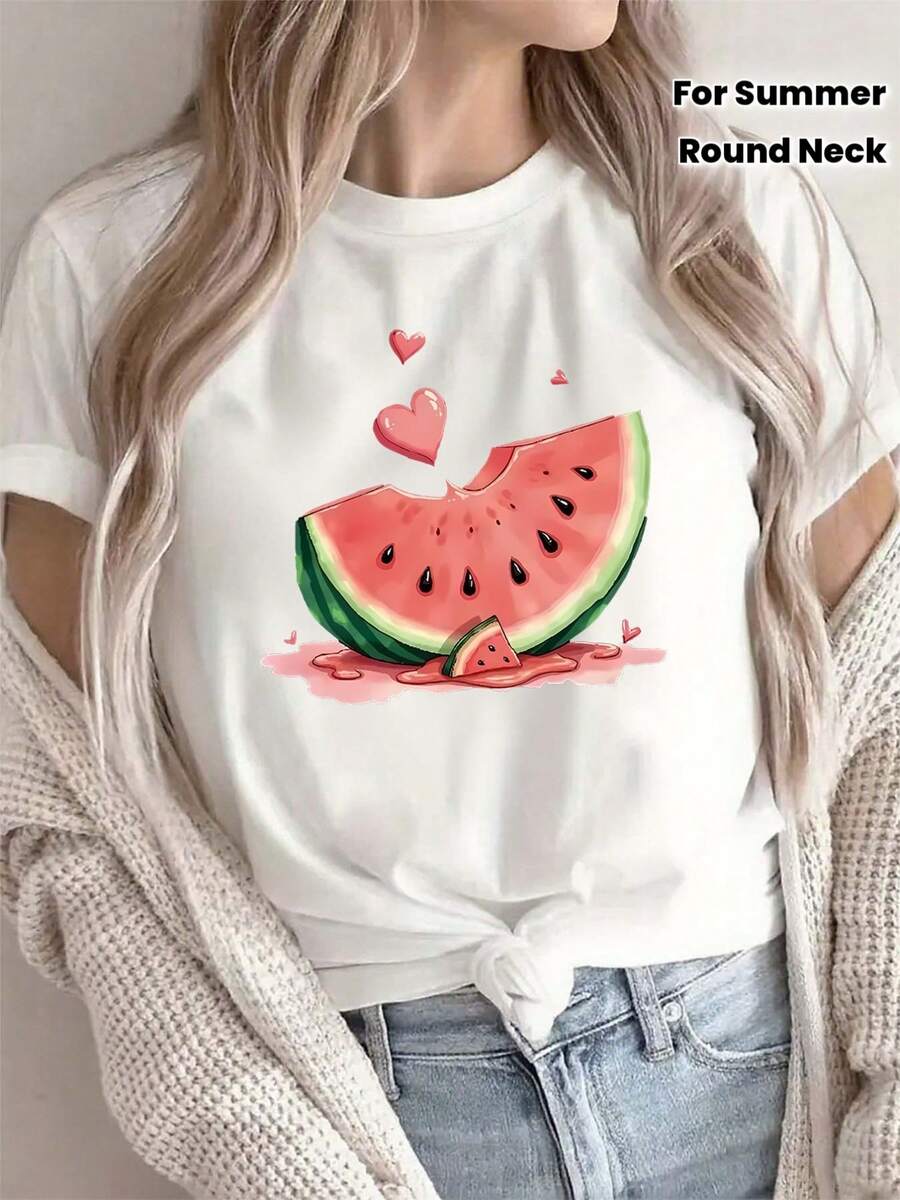 Adorable Women's T-Shirt With Watermelon Design, Casual White Round Neck Shirt Ideal For Summer Outings, Lightweight And Comfortable, Perfect For Everyday Wear And Outdoor Fun - 白色 - 查看 1