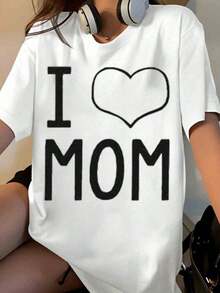 "I Love Mom" T-Shirt For Women, Mother's Day Gift, Casual Black Cotton T-Shirt With Heart Design, Perfect For Family Moments And Everyday Wear [Suitable For Leisure And Sports] - 白色 - 查看 1
