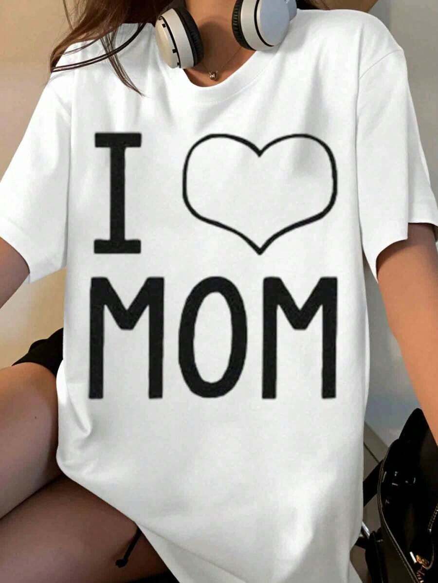 "I Love Mom" T-Shirt For Women, Mother's Day Gift, Casual Black Cotton T-Shirt With Heart Design, Perfect For Family Moments And Everyday Wear [Suitable For Leisure And Sports] - 白色 - 查看 1