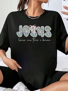 Jesús me ama, esto lo sé, camiseta gráfica con pedrería para mujer, top de declaración de fe cristiana, ropa casual, playera holgada para mujer. - Negro - Ver 1