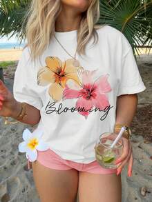Short-Sleeved Round-Neck T-Shirt with a Vibrant Floral Print Ropa deportiva estilo Y2K, cuello redondo, 100% algodón, tejido suave, manga corta. - Blanco - Ver 1