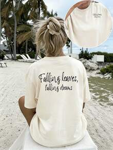 Women's Artistic Style Short-Sleeve T-Shirt, 100% Cotton, Loose Fit, With Hand-Lettered Slogan Print "Falling Leaves" Autumn, Breathable Casual Top, Summer Casual Art Clothing With Letter Prints,  Short-Sleeve T-Shirt For Adult Women For Summer Beach, Made Of Breathable Fabric, Suitable For Back To School Season, Outdoor Use, Ideal Gift. - 杏色 - 查看 1