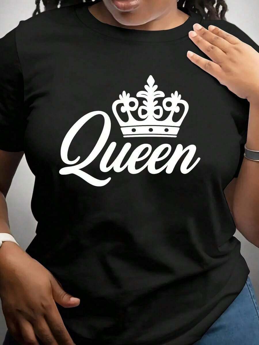 Suéter casual de manga corta para mujer con un diseño de corona y la palabra 'Queen', perfecto para la moda de primavera y verano, top versátil de manga corta, camisetas de mujer, camiseta con estampado, camisetas con estampado para mujer, camiseta de verano, camiseta casual, camisas de verano, tops, conjuntos de verano para mujer, camiseta casual cómoda de manga corta con cuello redondo, blusas elegantes para dama. - Negro - Ver 1