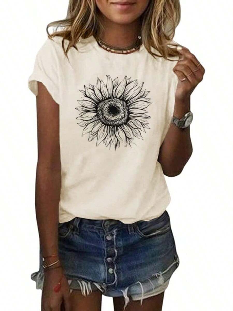 1Piece Fashion Casual For Men And Women City Bell Women T-Shirt Short Sleeve Tee Sunflower Graphic Loose Summer Top Versatile, Easy To Match, Suitable For Daily Wear, Urban Style, Holiday Outfits, Weekend Outfits. - 杏色 - 查看 1