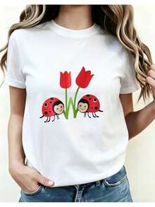 Women's Italian-Themed T-Shirt, Italian Map Print, Ladybug Design, Inscriptions Of Amalfi Coast, Florence, Rome, Venice, Casual Short-Sleeved Round Neck Top, Travel Souvenir Gift, Suitable For Short-Sleeved Round Neck T-Shirt With Pattern I01 - Unisex Loose-Fitting Cotton Urban Vintage Style T-Shirt. - 白色 - 查看 1