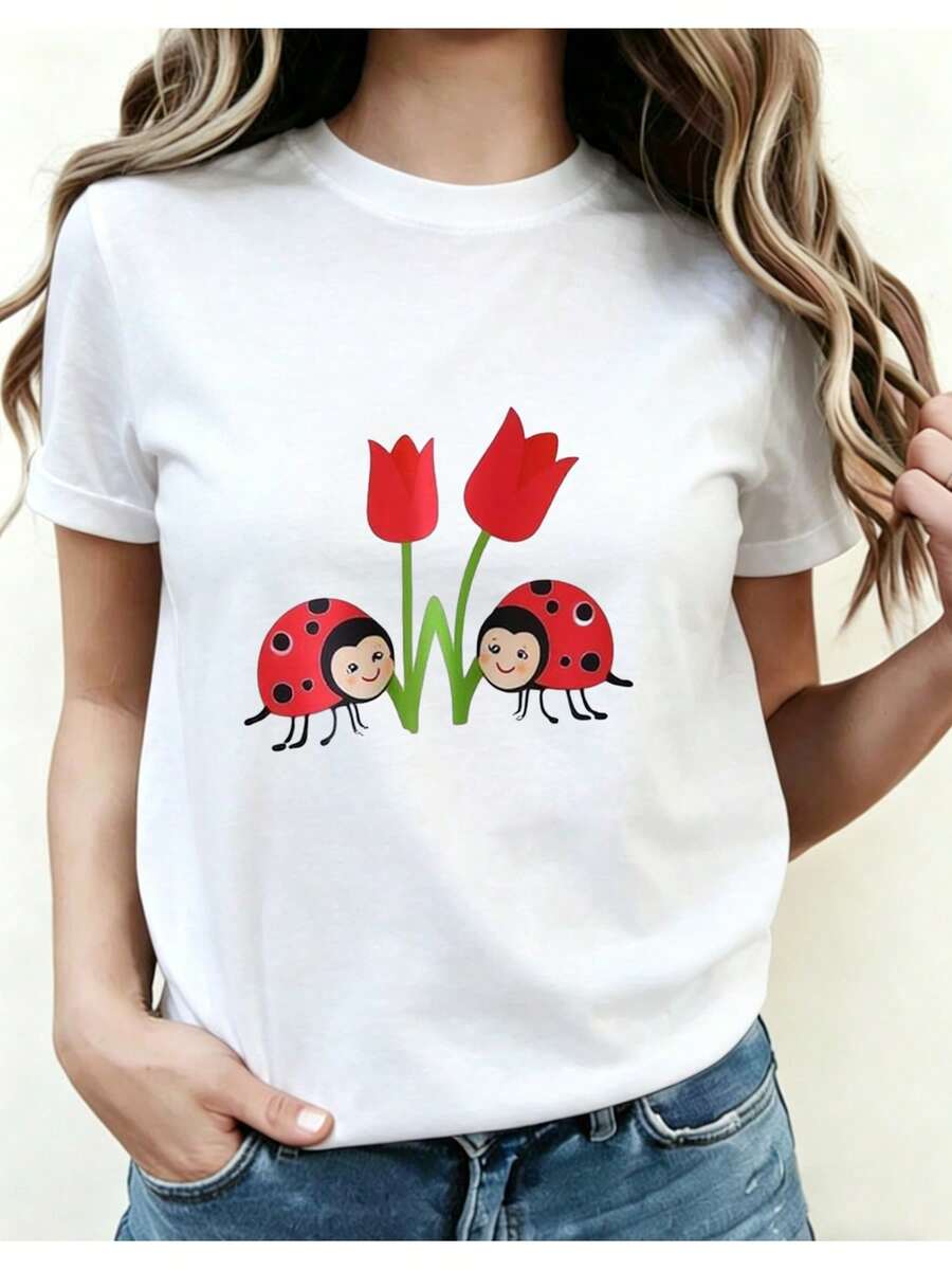 Women's Italian-Themed T-Shirt, Italian Map Print, Ladybug Design, Inscriptions Of Amalfi Coast, Florence, Rome, Venice, Casual Short-Sleeved Round Neck Top, Travel Souvenir Gift, Suitable For Short-Sleeved Round Neck T-Shirt With Pattern I01 - Unisex Loose-Fitting Cotton Urban Vintage Style T-Shirt. - 白色 - 查看 1