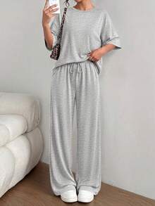 PRETTYGARDEN Women's Summer Clothes 2 Piece Sets Lounge For Short Sleeve Matching Airport Travel Outfits Casual Grey Vacation Summer Brunch Gray Outfits For Women Mothers Day Outfit - 灰色 - 查看 4