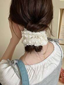 MH 2pcs Black & White Lace Scrunchies, Elegant & Gentle Hair Accessories Suitable For Daily Use Elastic Hair Ties - Black and White - View 7
