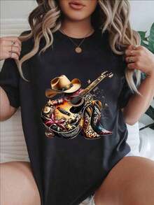 Women's Casual Short Sleeve T-Shirt - Guitar, Cowboy Hat, Boots, Stars, Flowers And Leopard Print, Round Neck, Summer Top, Machine Washable, Ladies' T-Shirts, Casual Wear, Modern Style, Comfortable Fit
Mrs. Black's Cool Summer Clothes - 黑色 - 查看 1