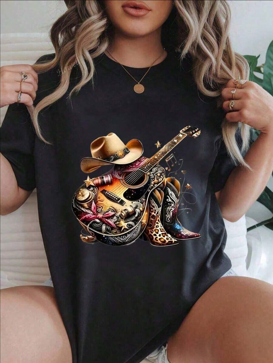 Women's Casual Short Sleeve T-Shirt - Guitar, Cowboy Hat, Boots, Stars, Flowers And Leopard Print, Round Neck, Summer Top, Machine Washable, Ladies' T-Shirts, Casual Wear, Modern Style, Comfortable Fit
Mrs. Black's Cool Summer Clothes - 黑色 - 查看 1