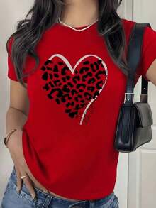 100% Cotton. Heart With Leopard Print Representing Wild Strength And Free Love, Inspired By Nature And Feminine Confidence. Women's 100% Cotton T-Shirt. Women's Simple Solid Color T-Shirt, Loose And Slim Fit Casual Short Sleeve - 白色的 - 查看 8